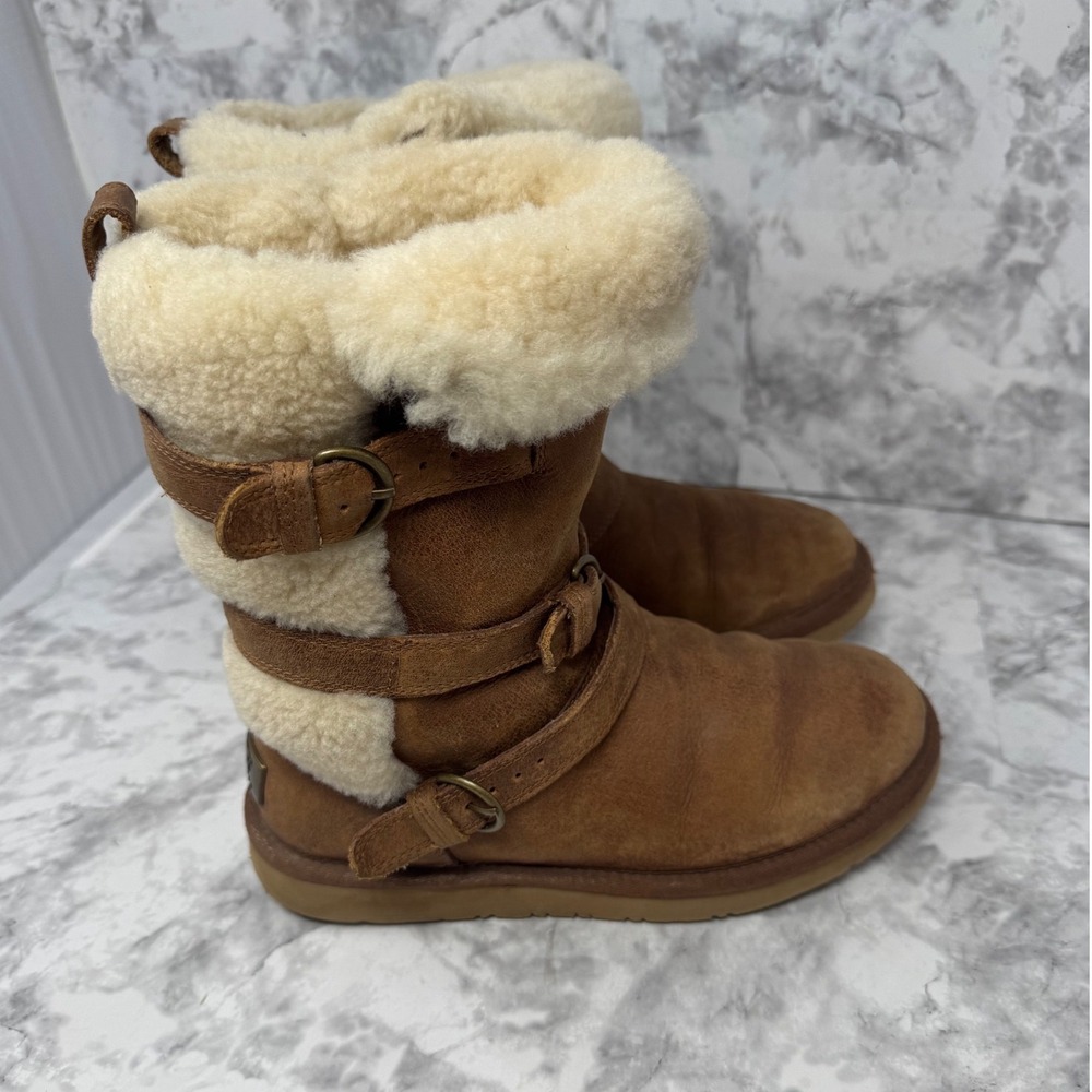 UGG Australia Women Triple Buckle Shearling Suede Boots Chestnut 1008350 6